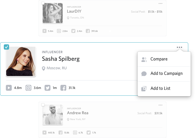 Easily compare and select influencers with a range of influencer marketing tools.